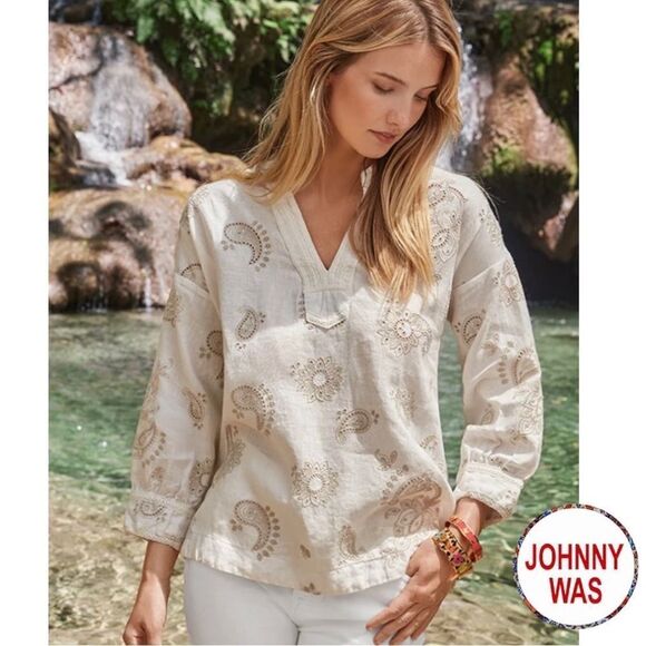 Johnny Was **NWT** Skyler Linen Top In Antique White With Mock Collar - Picture 6 of 11